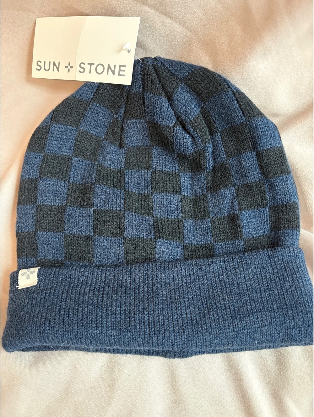 Sun + Stone Navy and Black Checkered Knit Beanie Hat, One Size